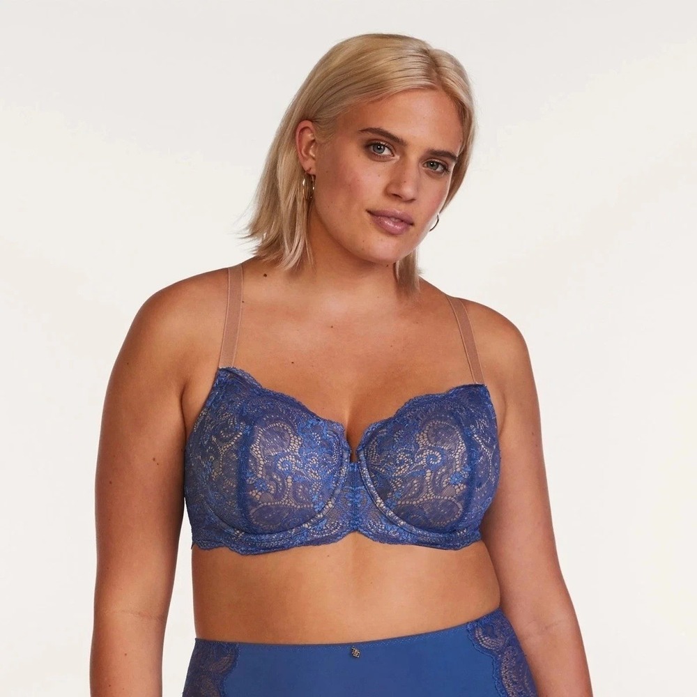 ThirdLove Bra Womens 32DD 24/7 Lace Balconette Bra Blue Tan Floral Underwire